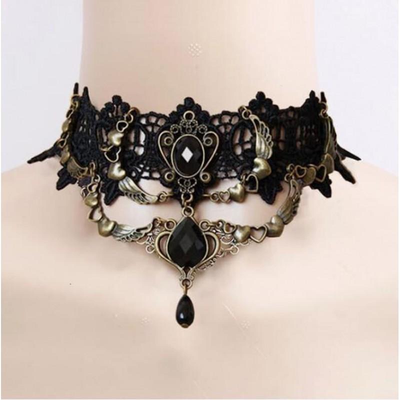 Gothic Lace Choker Necklace Women Minimalist Black Punk Collar Chain With Floral Snake Alloy Pendant