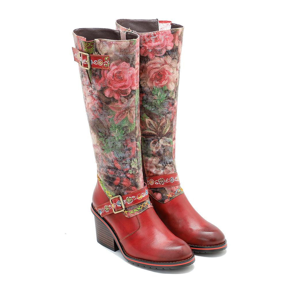 Johnature Vera pelle patchwork stampato fibbia per cintura tacco spesso comodi tacchi alti stivali lunghi scarpe da donna