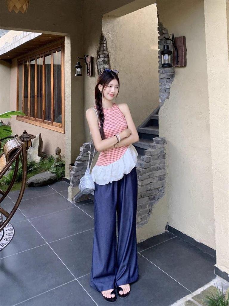 Spring Slim Plaid Sleeveless Patchwork Camisole for Women
