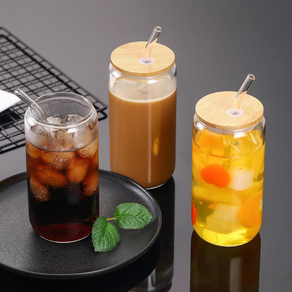 16oz Borosilicate Glass Cup Heat Resistant Cola Cup Beverage Juice Milk Tea Drinking Cup with Bamboo Wooden Lid