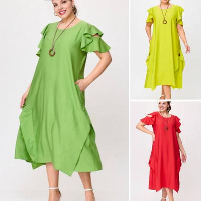 Women Midi Dress Round Neck Ruffle Short Sleeve Casual Loose Cut Dress with Pockets Solid Color Design Mid-calf Dress