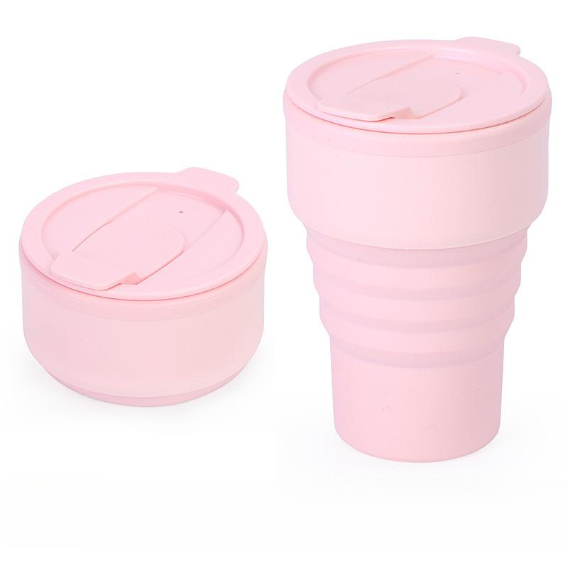 

Portable Travel Coffee Cup Telescopic Folding Silicone Cup with Lid Outdoor Pocket Cup for Hiking Camping 16oz(375ml) розовый