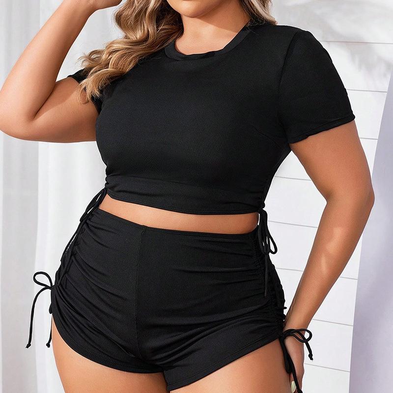 Plus Womens Piece Size Two Conservative Bikini Set Solid Drawstring Swimsuit Blouson Tops And High Waist Shorts Bathing Suits