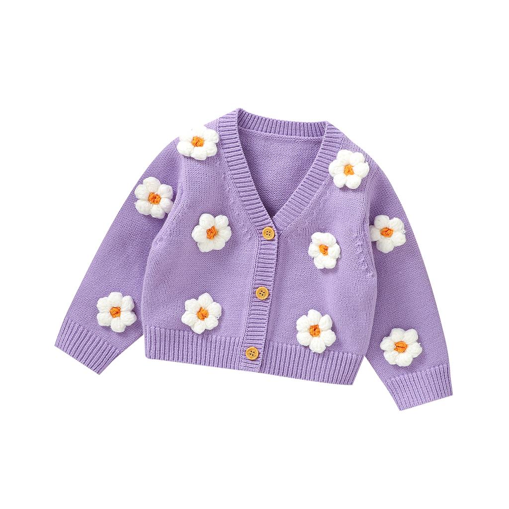 Sweet Long Sleeve V-neck Single Breasted Baby Girls Spring & Fall Coat Knitted Acrylic Babies Cardigan For 6-36 Months Newborn