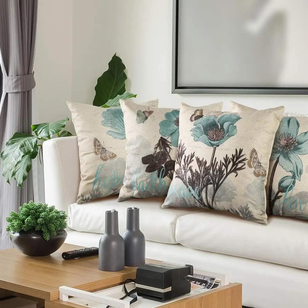 4PC Linen Cushion Cover for Home Decoration, Sofa, Bedroom, Car Pillow Cover (blue Flower, 40x 40)