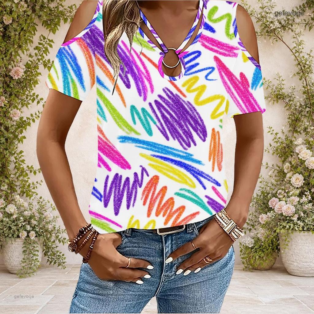 Women Plus Size Keyhole Ring Neck Cold Shoulder Short Sleeve Abstract Printed Top