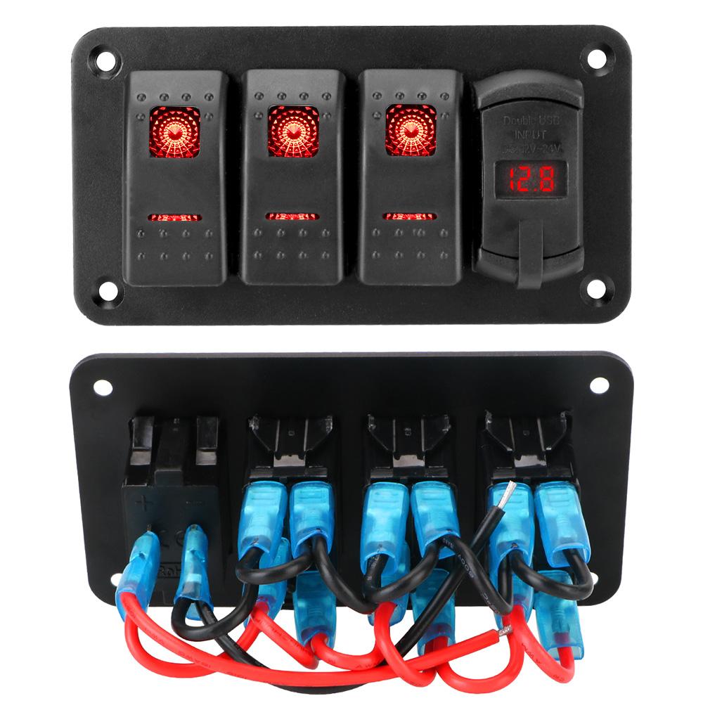 3 Gang Switch Panel Circuit Breaker Digital Voltmeter 12V-24V for Car SUV Marine RV Truck 4.2A Dual USB Slot Charger