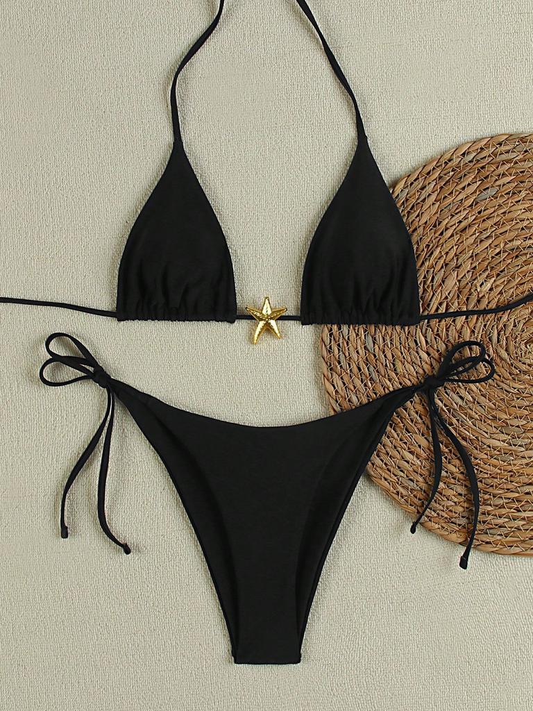 European And American Sexy Fashion Bikini Swimsuit Solid Color Metal Triangular Split Women'S Swimming