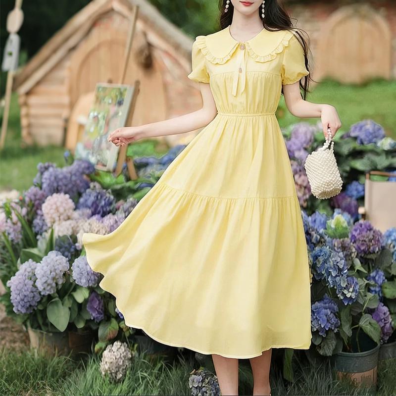 ZANZEA Women Elegant Doll Collar Solid Color Summer Casual Short Sleeve Dress M жёлтый
