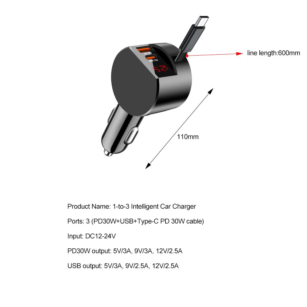 New Dual Pd30W Qc3.0 Retractable Cable 3-Port Fast Charging with Voltage Display Suitable for 12V To 24V Car Fast Charger