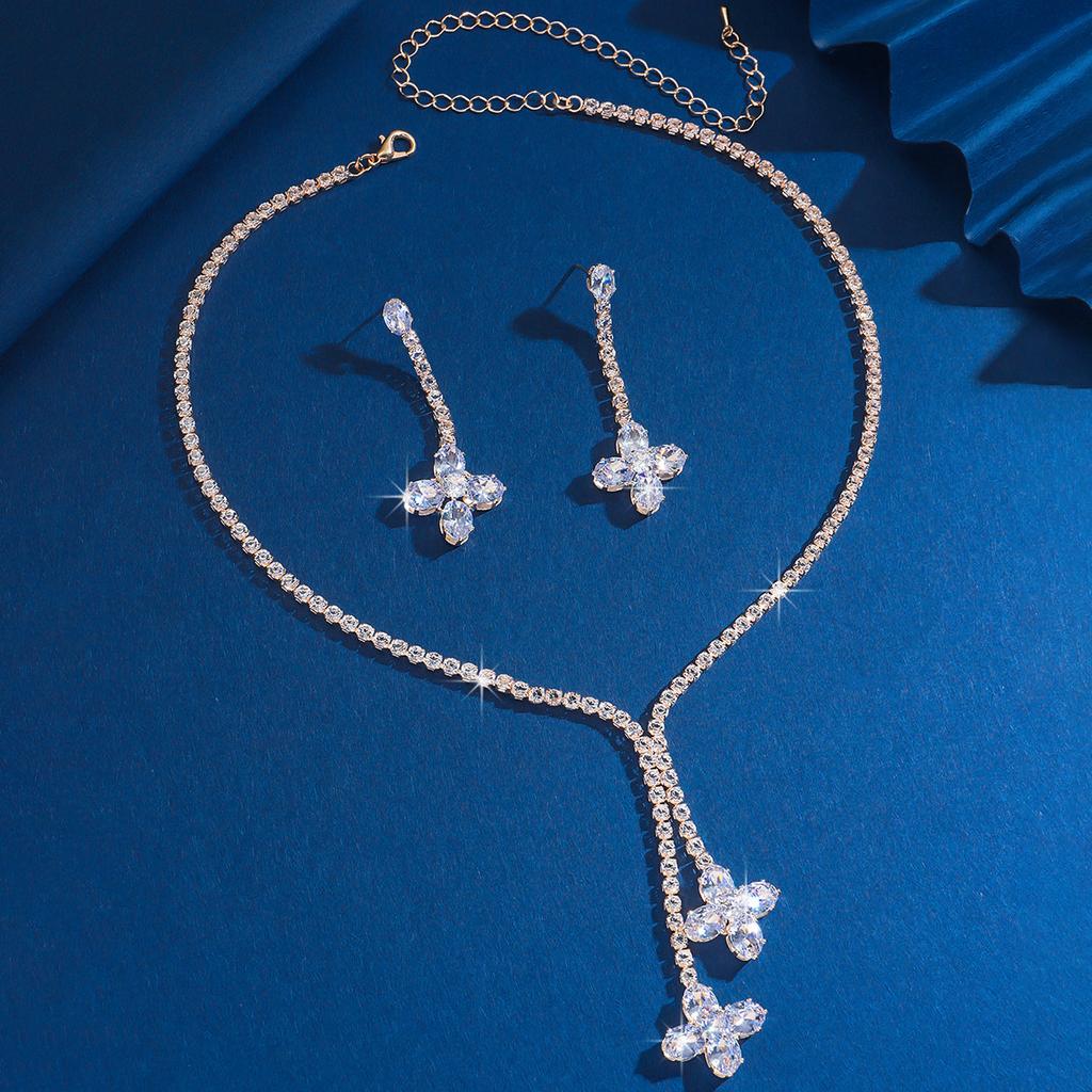 Bridal Necklace Set Zircon Series Full Diamond Crystal Clavicle Chain Earrings Two-Piece Set
