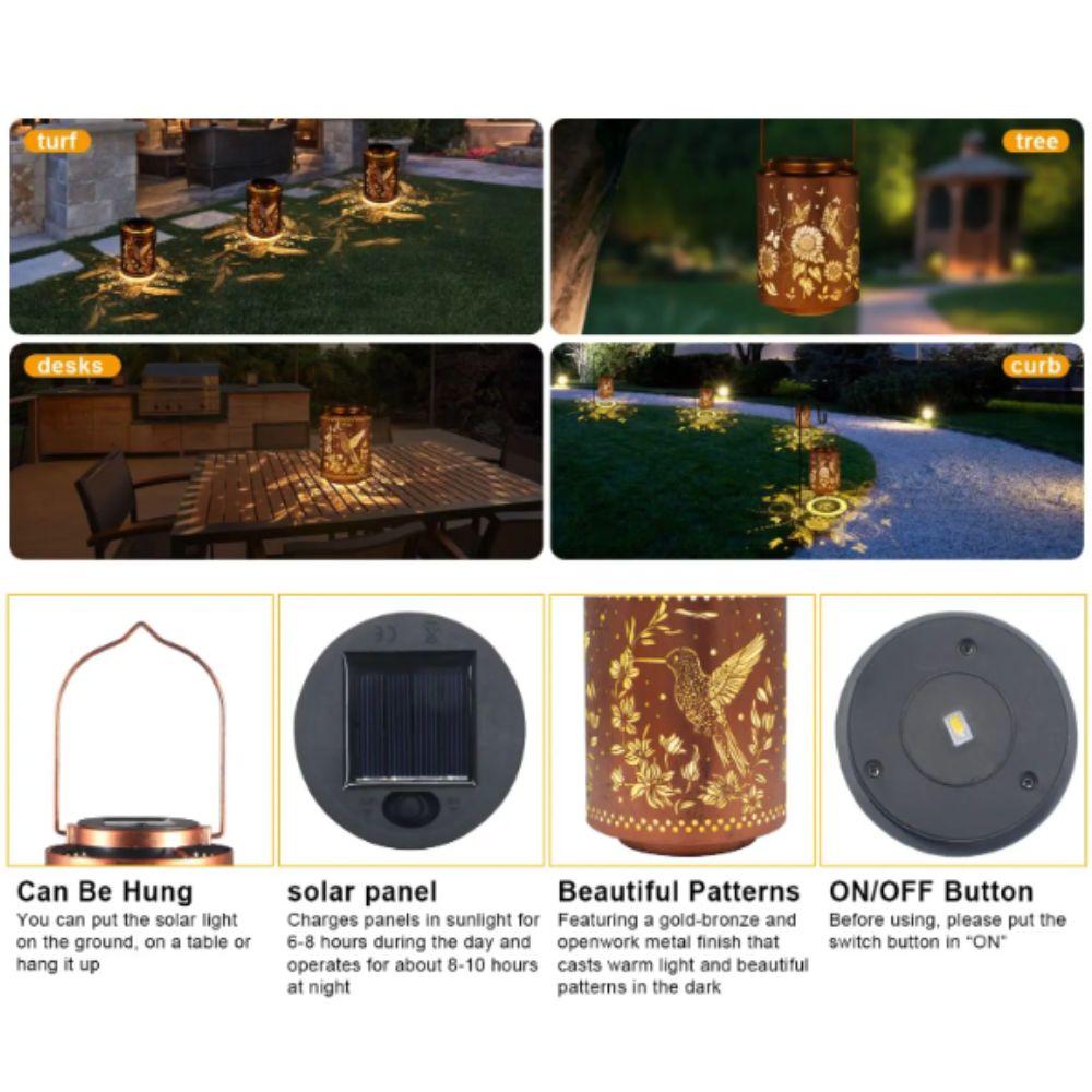 Waterproof Solar Lantern Metal Material Vintage Style LED Garden Light Sunflower Shape Hummingbird Design Hanging Solar Light