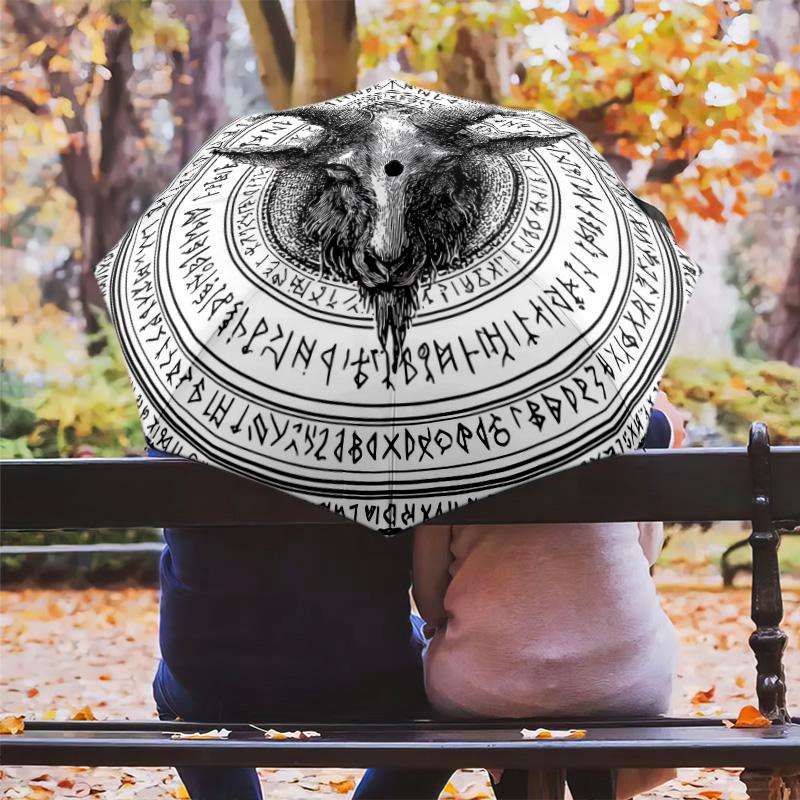 0106 Runic Sheep Head  pattern, automatic folding umbrella, portable and foldable design, 8 ribs, a Christmas or birthday gift.