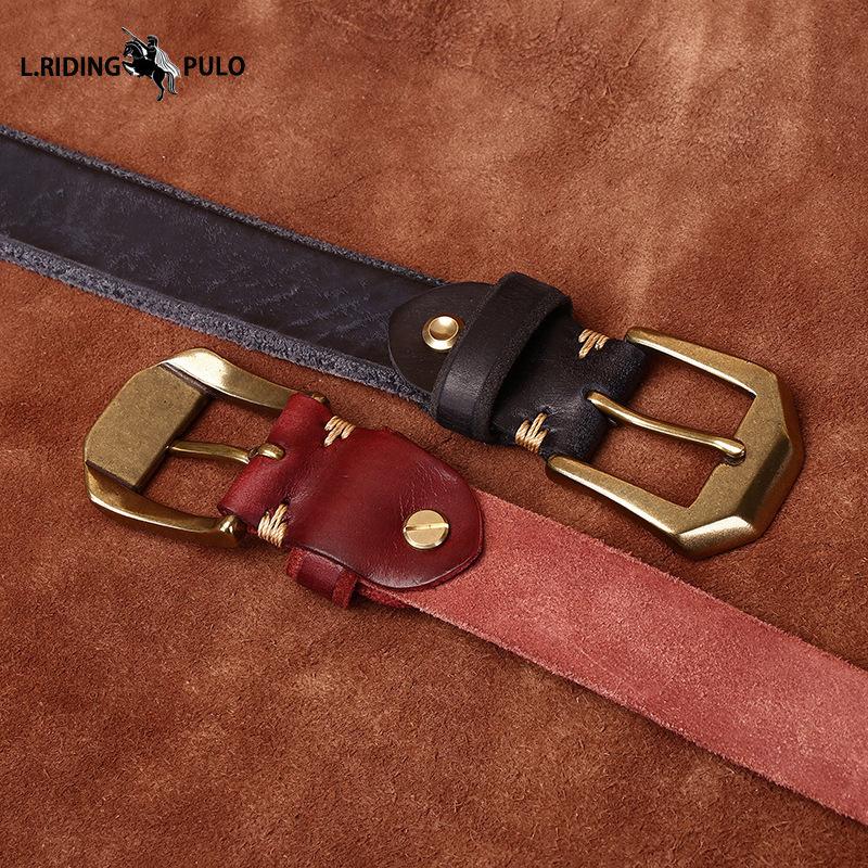 Thickened Genuine Leather Top Layer Cowhide Belt Men's Copper Buckle Rough Edge Fur Bottom Retro Washed Belt