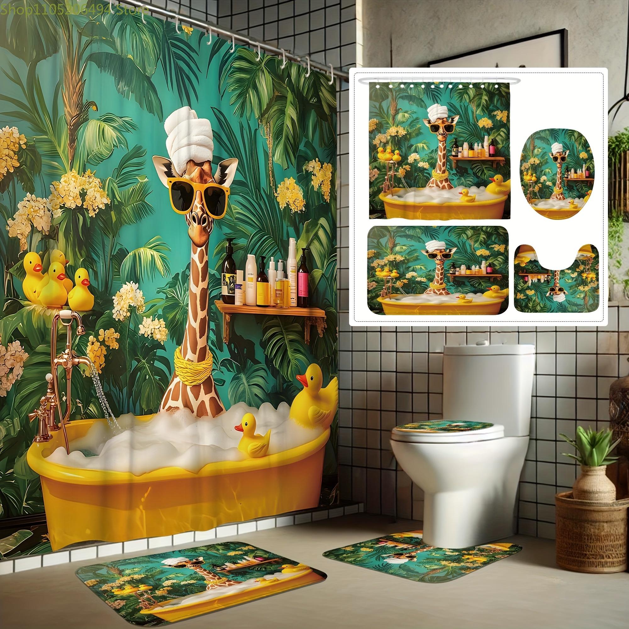 

1/4pcs Tropical Jungle Shower Curtain Set with Giraffe, Funny Ducklings, and Greenery Design - Polyester, Machine Washable, In 4pcs-Set