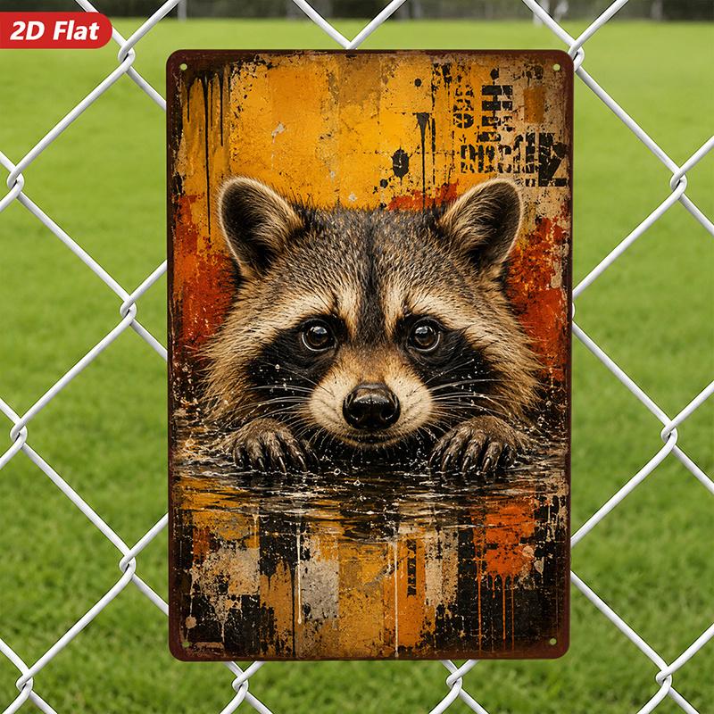 2D Flat, 1pc Metal Sign Wall Art, Raccoon Portrait, Rustic Style, Abstract Background, Home Decor, for Living Room, Bedroom, Safe Rounded Corners, Eas