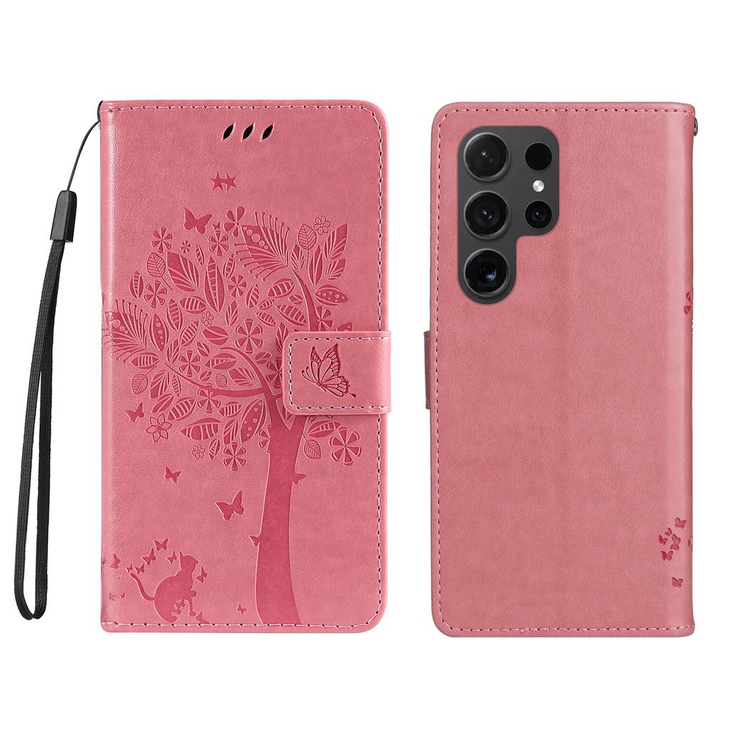 For Samsung Galaxy S24 Ultra Phone Case with Stand Cat Tree Pattern Leather Wallet Mobile Cover