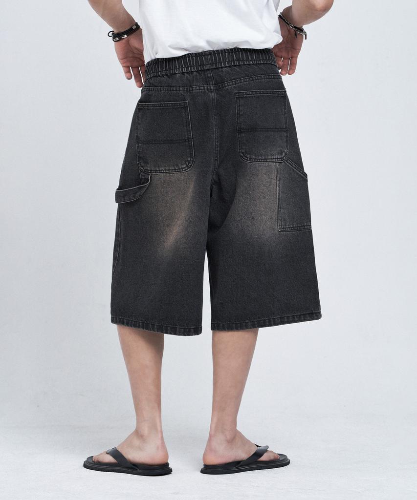 LEMAIN SECOND Bermuda Wide One-Pleat Carpenter Denim Elastic Shorts [Black Denim]