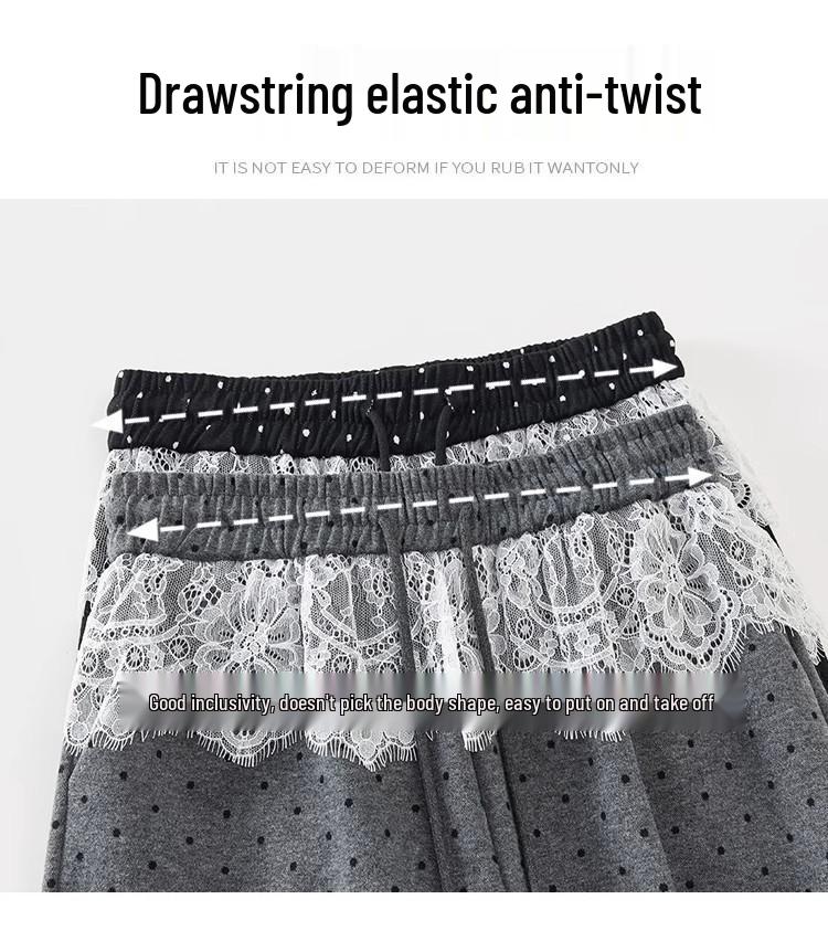 Women's Grey Polka Dot Lace Patchwork Wide-Leg High Waist Floor-Length Pants for Spring and Autumn