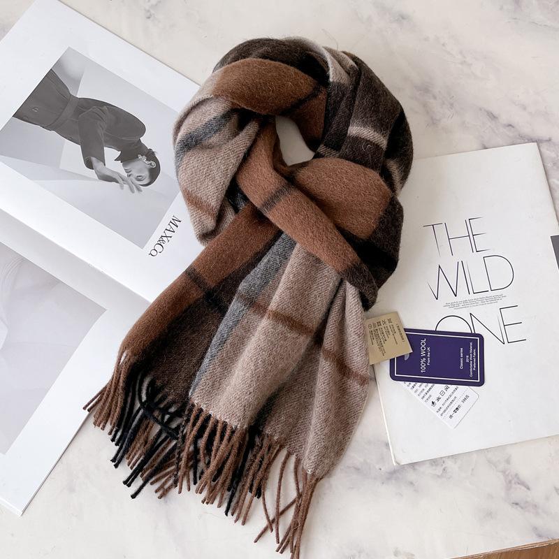 New pure wool plaid scarf British men and women couples winter warm double-sided fringed high-end scarf
