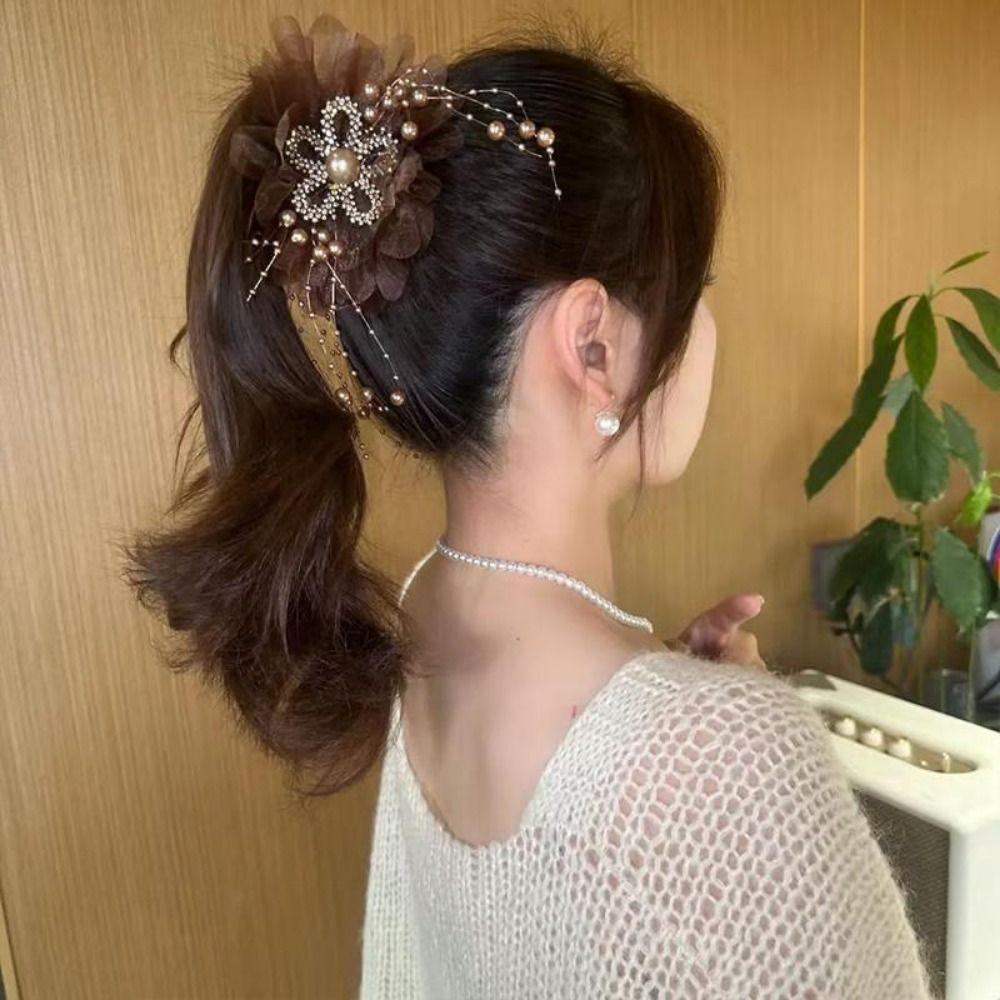 Mesh Sunflower Hair Claws Pearl Tassel Hair Gripper Elegant Shark Hairpins  Women Headdress