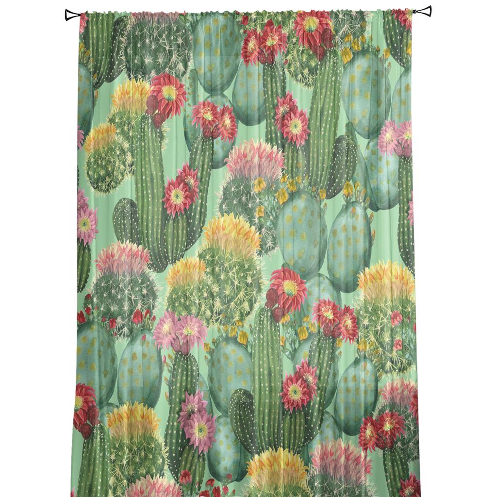 Cactus Plant Flower Watercolor Painting Tulle Curtains For Bedroom Modern Voile Curtains Home Decoration Window Curtains