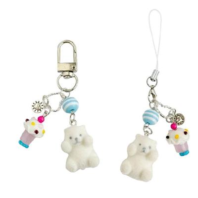 Stylish Flocking Bear Ice Cream Keychain Phone Lanyard Chain Beaded Jewelry Bag Hanging Accessory For Women