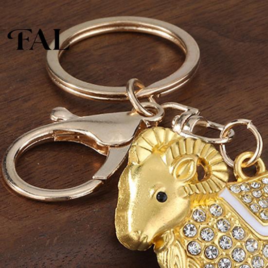 Durable Metal Keychain Zodiac with Rhinestones, Sheep Design Bag Pendant, Chinese New Year Lucky Goat Key Charm, Feng Shui Ornament for Car