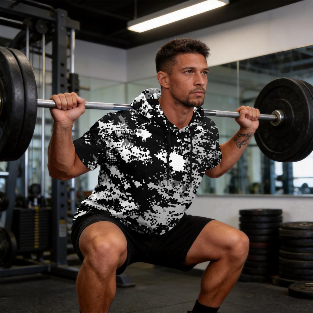 Sudadera con Capucha para Hombre Estampado de Camuflaje Manga Raglán Casual Pesca Deportiva Protección Solar Manga Corta Ligera Transpirable Camisa para Exteriores