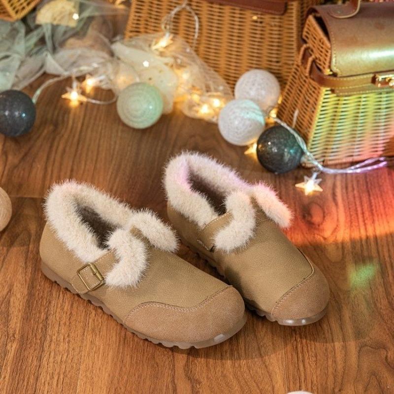 Winter new retro velvet round head flat bottom one pedal warm beanie shoes women's matte comfortable wool cotton shoes