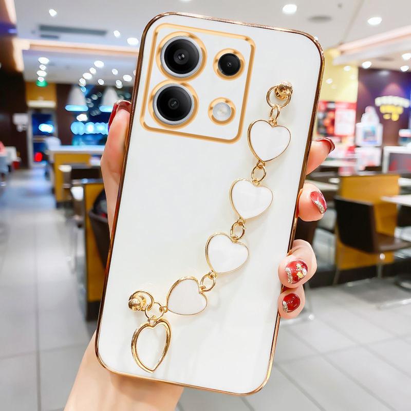 For Xiaomi Redmi Note 13 Pro 4G Plus 5G Luxury Plating Love Heart Armbånd Kjedeveske På Mi Poco X6 M6 Note13 13pro Band Cover