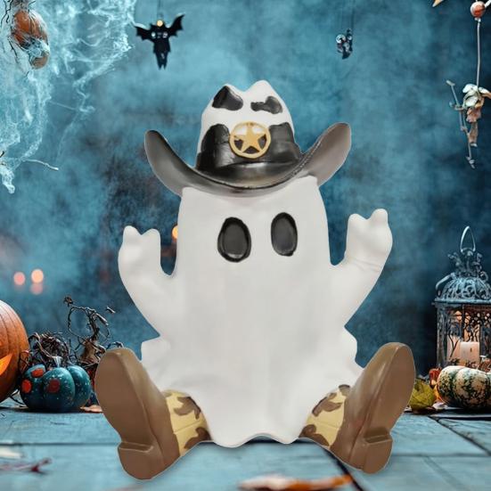 Halloween Cowboy Ghost Figurine Resin Ghost Wearing Cowboy Hat Boots Tabletop Ghost Statue for Home Party Centerpiece Indoor Outdoor