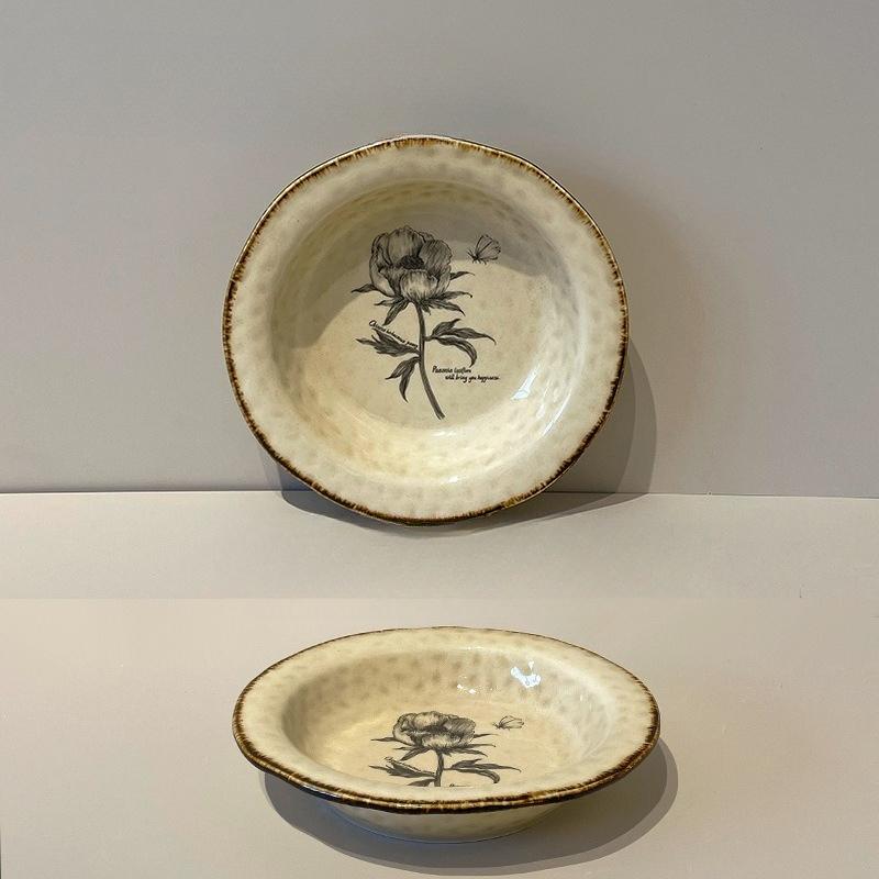 Japanese Straw Hat Plate Retro Floral Deep Pasta Dish Western Dinner Plate Creative Salad Dessert Plate