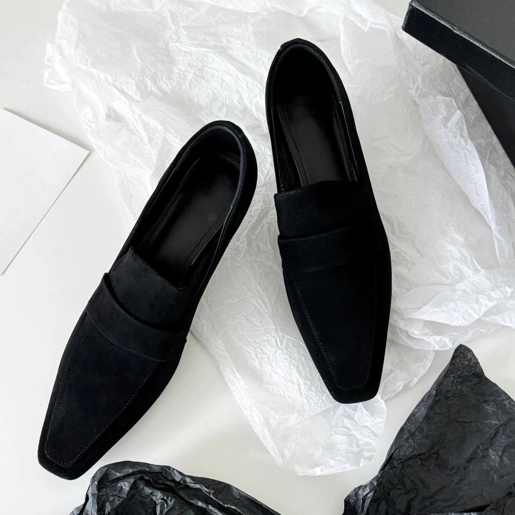 Sheepskin Version~ Retro Suede Small Square Head Thin Heel Cat Heel Deep Mouth Loafers Single Shoes Women's Shoes Commuter Shoes High Heels