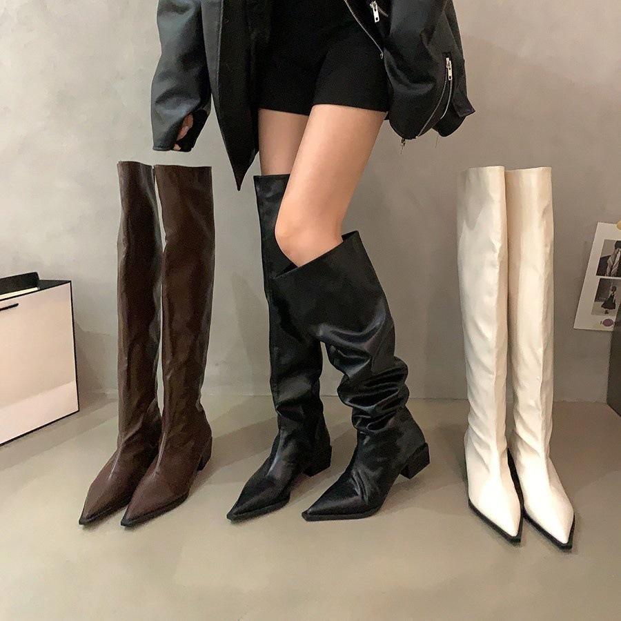 Thick Heel Black Over Knee Pile Long Boots Women's Shoes 2025 New Autumn and Winter Pointed Skinny Knight Boots