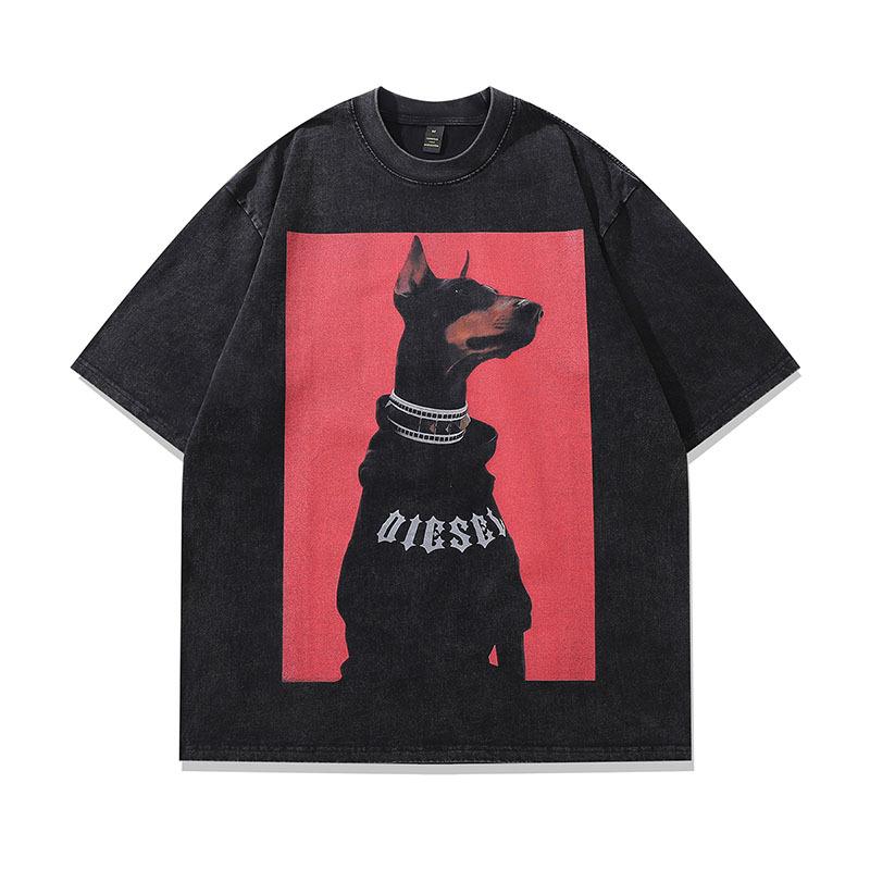 Trendy Brand American High Street Retro Doberman Direct Injection Printing Washed Long-Sleeved T-Shirt Men'S Loose Vintage Top