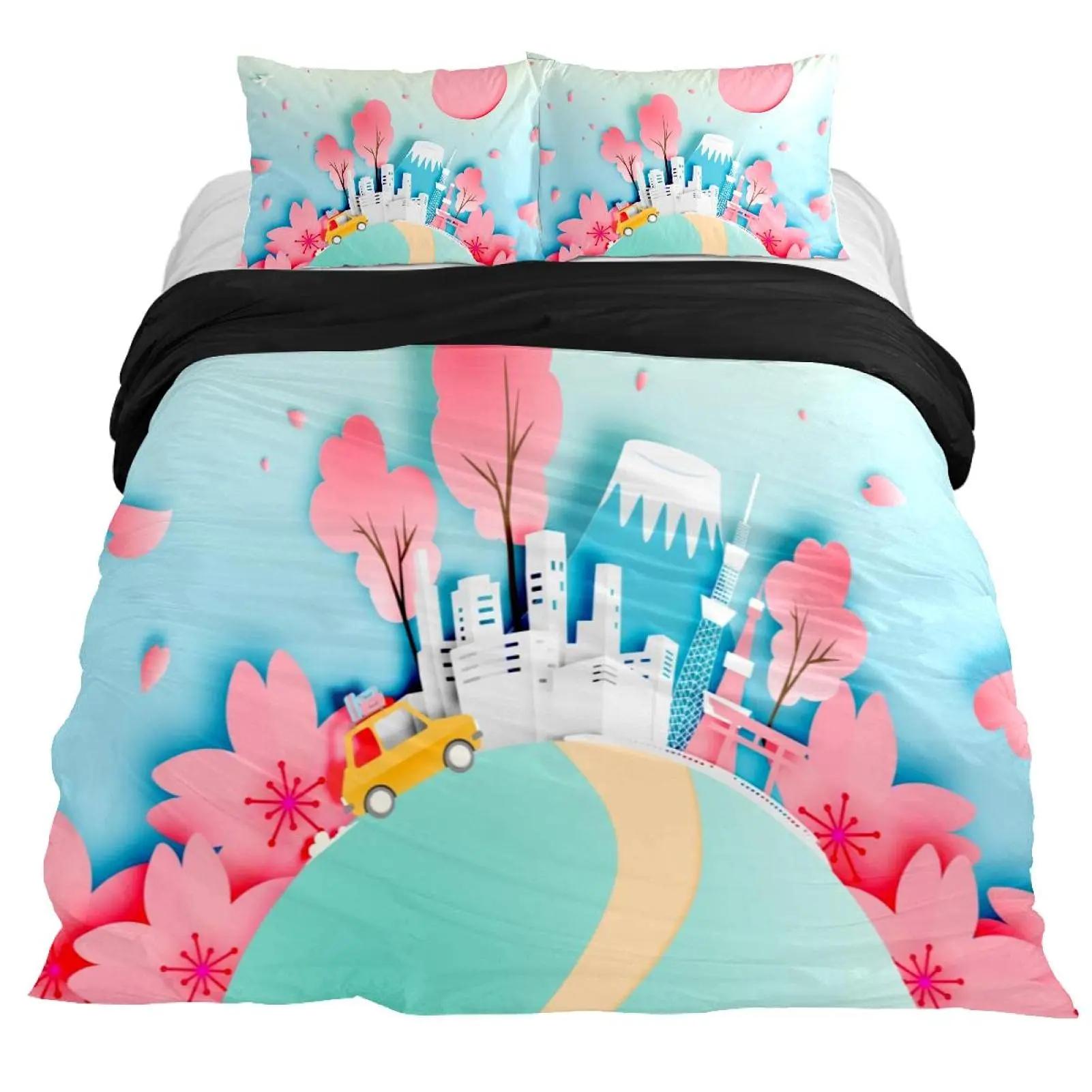 

Japan Tokyo King Queen Duvet Cover Japanese-Style Bedding Set Sunrise Comforter Cover Retro Red Black Soft Polyester Quilt Cover 200x230cm 3pcs