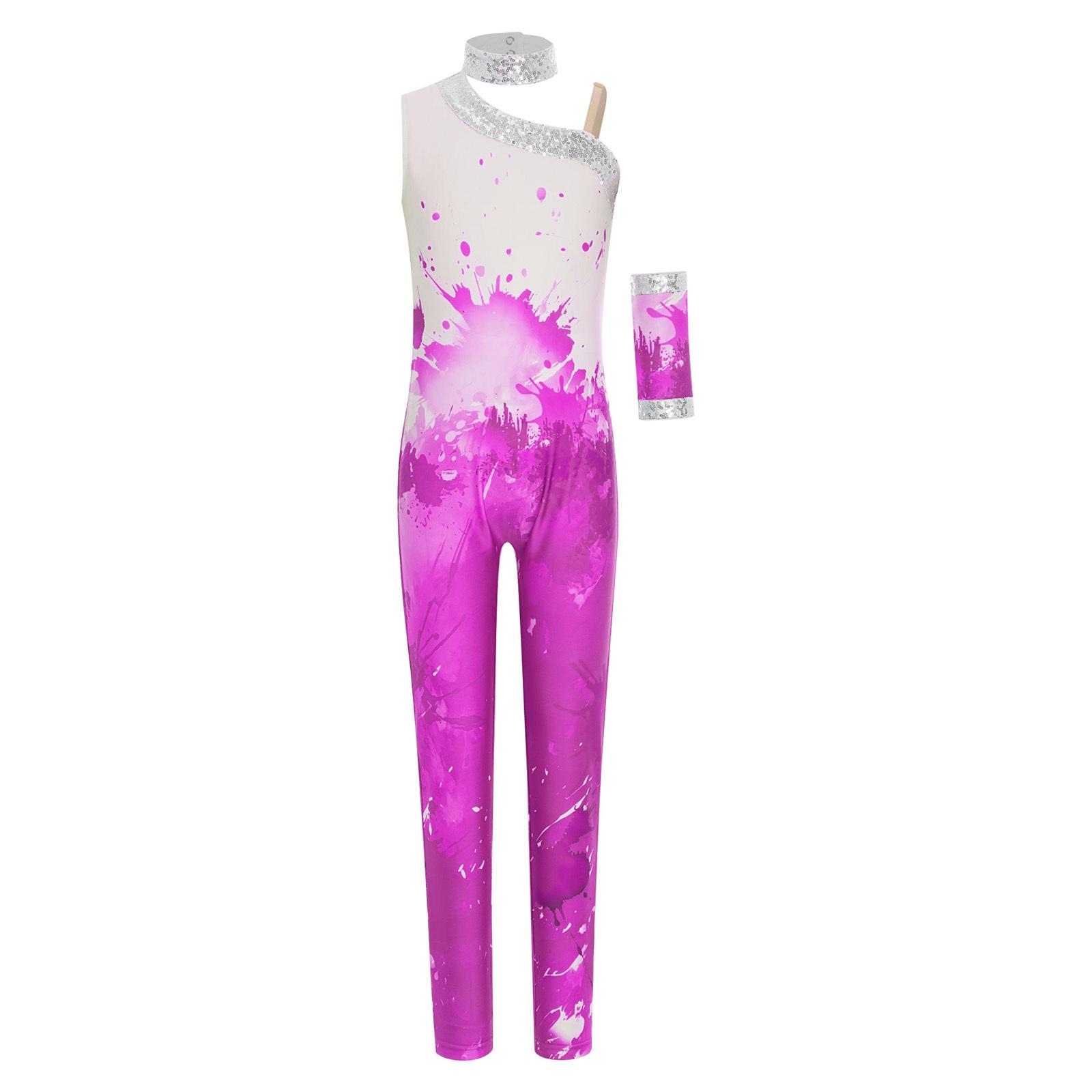 

Girls Shiny Sequins Printed Sleeveless Bodysuit Asymmetrical Full Length Leotard Figure Skating Glove Included 5-6 Years гарячі рожевого кольору