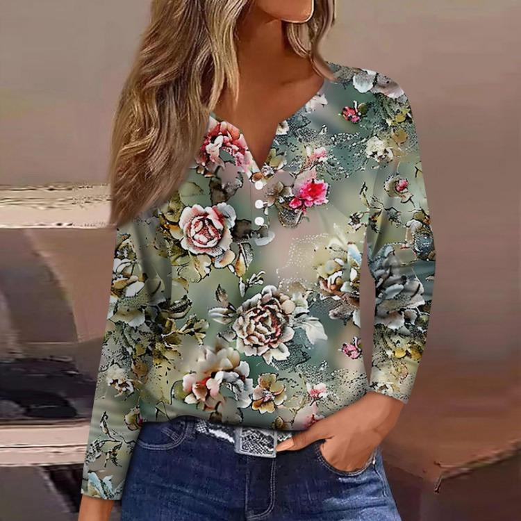 Damen T-Shirt mit Blumenmuster V-Ausschnitt Langarm Reguläres Oberteil Basic T-Shirt Alltags-Wochenend-Mode Knopf