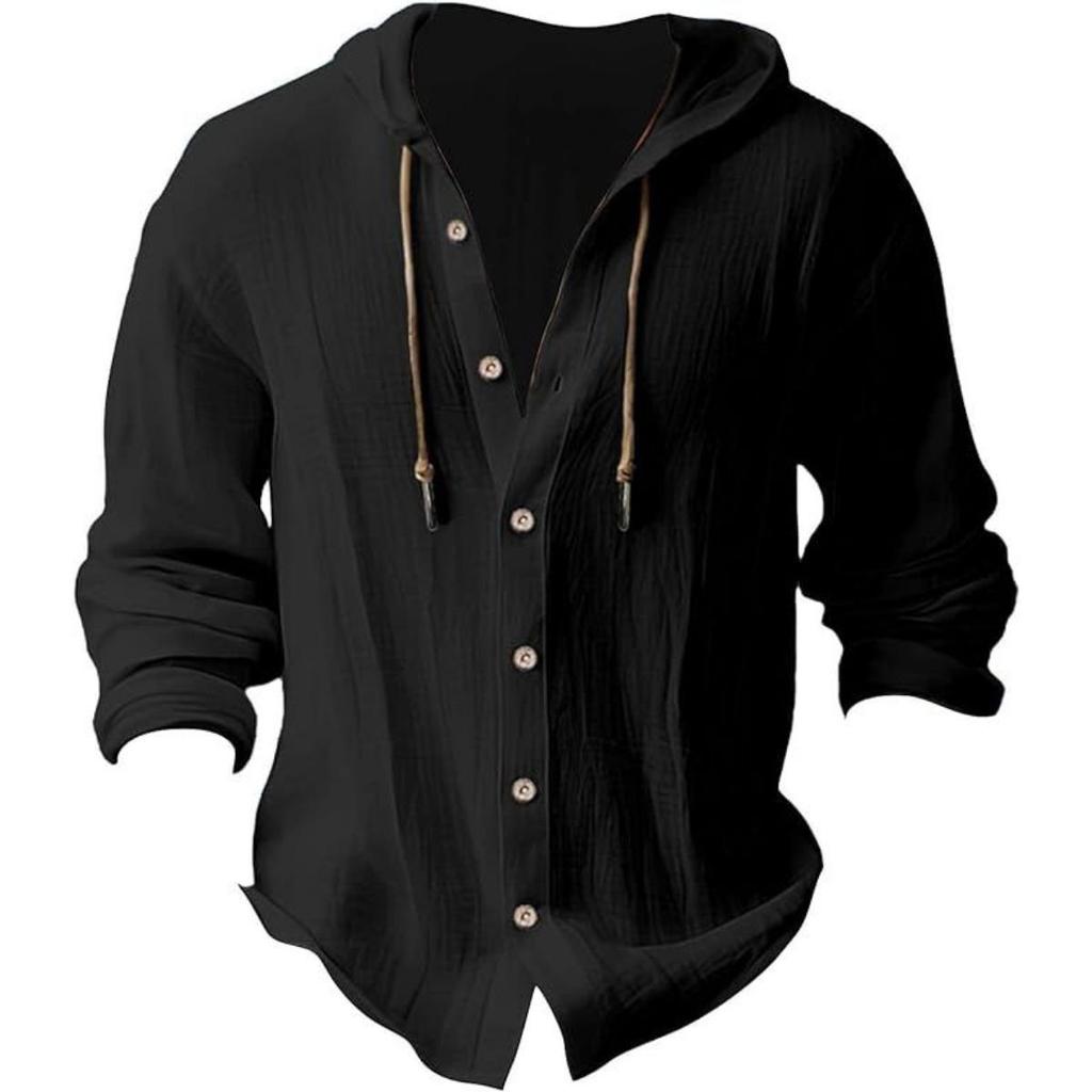 Spring and Summer Men's Hooded T-shirt Solid Color Cotton Linen Men's Casual Long Sleeved Top