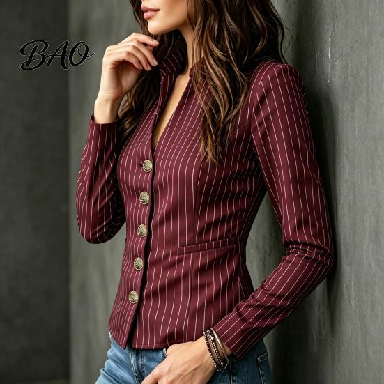 Women Slim Fit Blazer Stand Collar Striped Blazer, Single-Breasted Casual Jacket Blouse Top, Office Business Outerwear Slimming Waist Coat