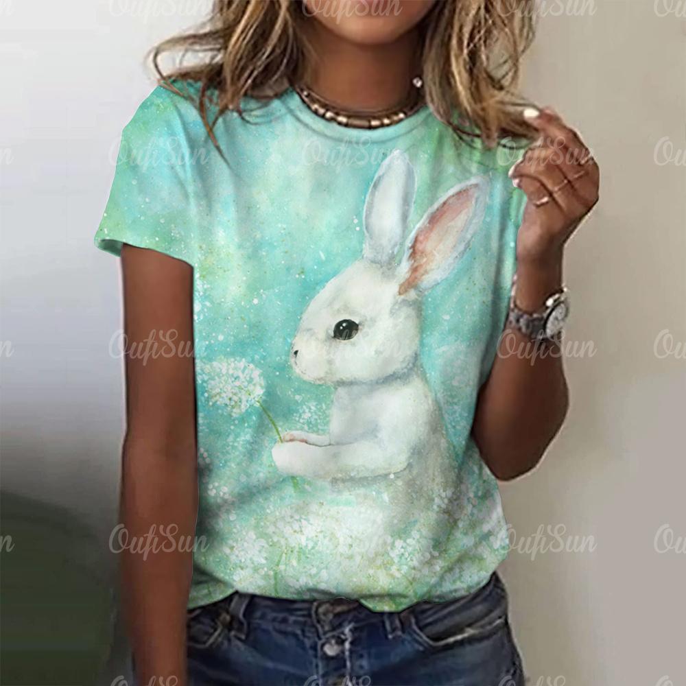 New Vintage Rabbit Print Women's T-shirt Plus Size Top 2024 Women's Clothing Fashion Short Sleeve Shirt Crew Blouse Summer