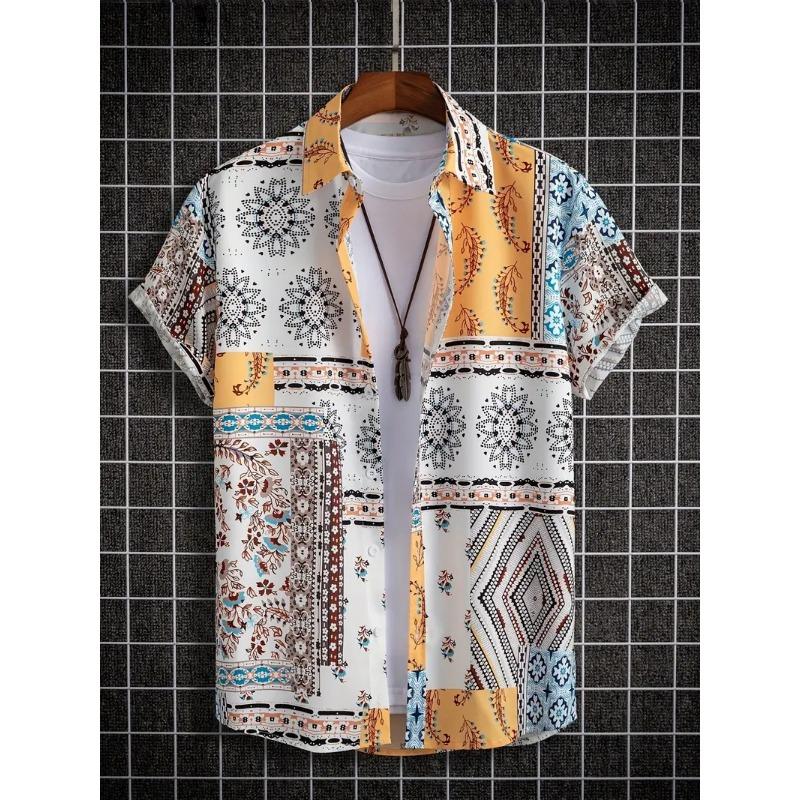 Palmshadow Herrenhemd 3D-Druck Camisa Ärmelhemd Atmungsaktiv Business Urlaub Alltag Outdoor Kurzarmhemd