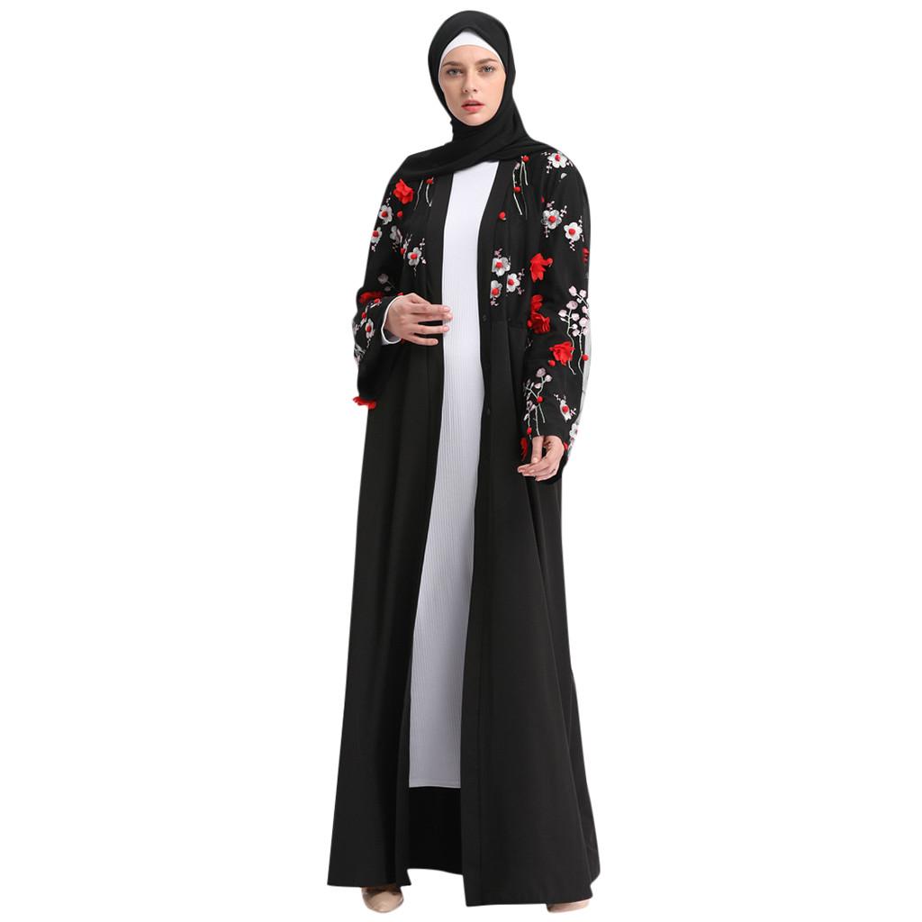 Women Openwork Embroi Long Dress Robe Open Abaya Cardigan Muslim Dubai Robe Gown
