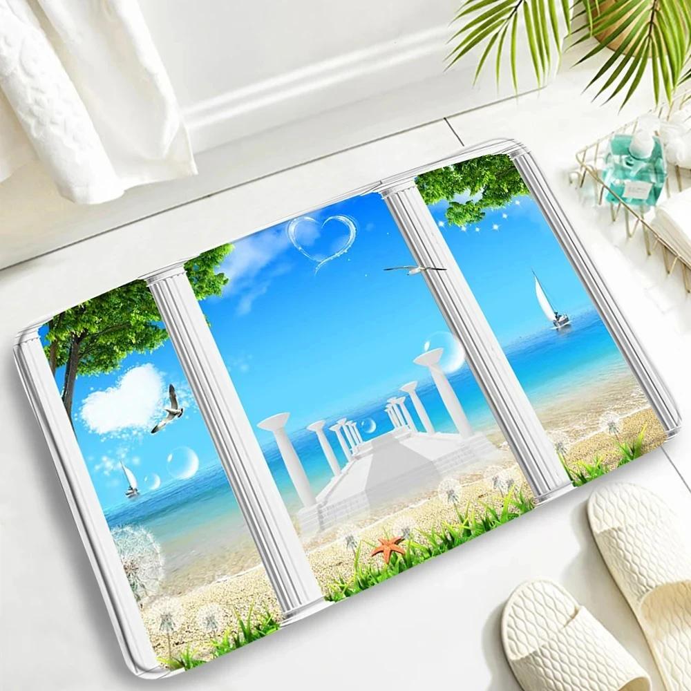 Summer Ocean Beach Carpet Hawaii Island Palm Trees Nature Scenery Bathroom Rug Non-slip Entrance Doormat for Living Room Decor