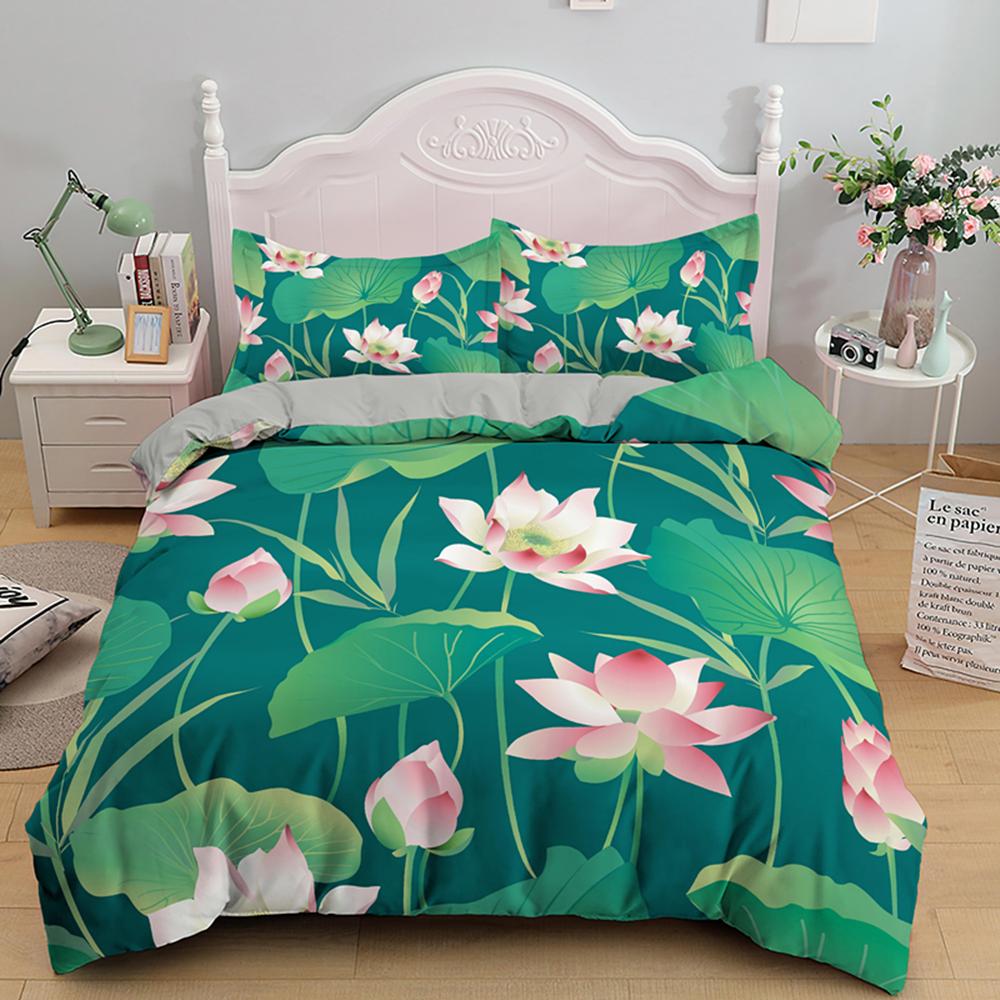 Lotus Duvet Cover Set Pink Flowers And Green Leaves Polyester Comforter Cover King Queen Size For Kids Girls Women Bedding Set