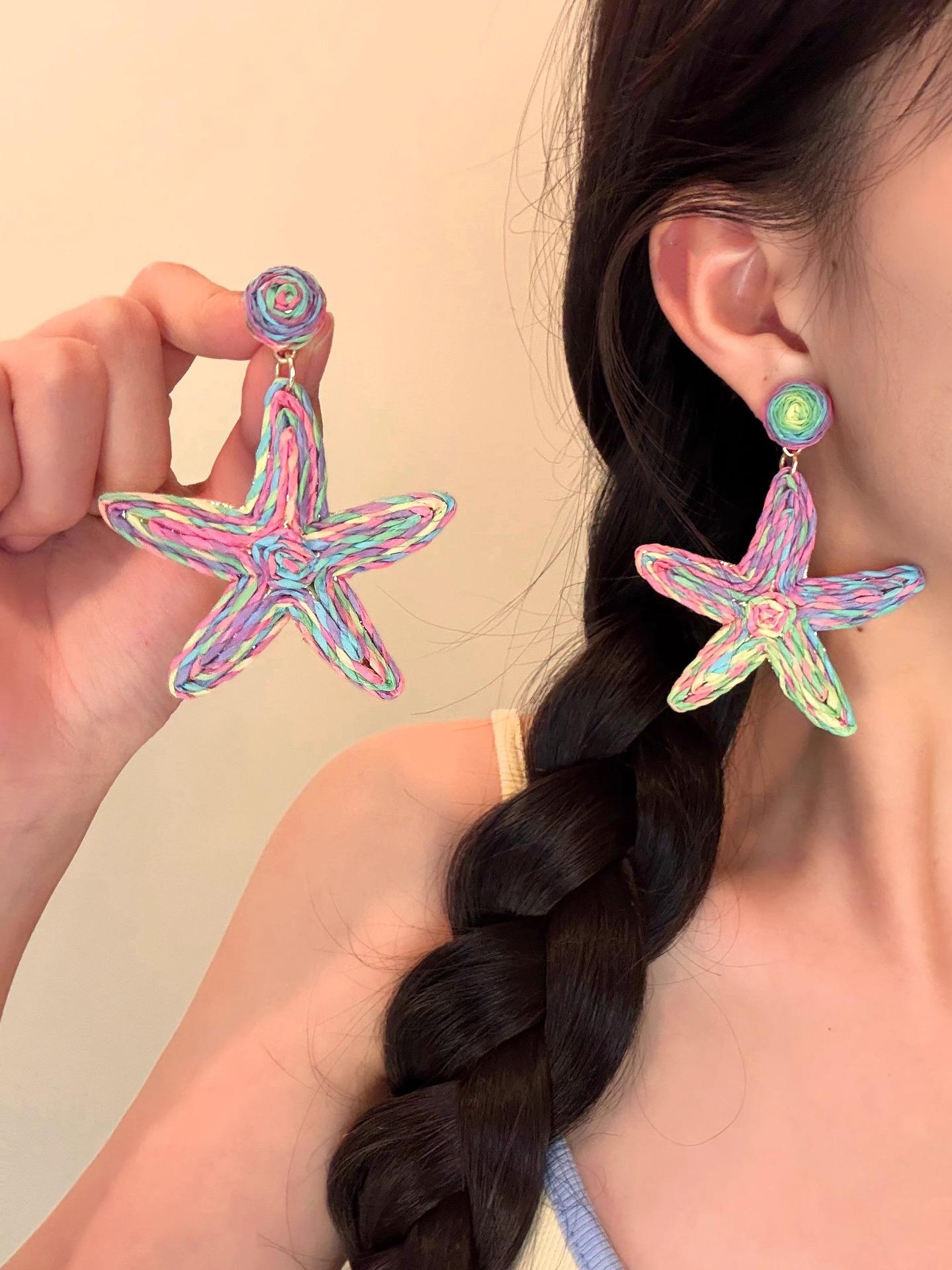 

1 Pair Bohemian Style Weaving Colorful Simulated Starfish Dangle Drop Earrings Women Ocean Animal Earrings Summer Beach Jewelry