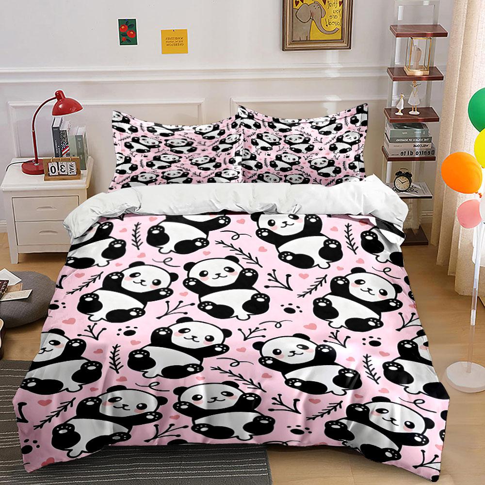 Cute Pandas with Pink Background Print Bedding Set 1 Duvet Cover 2 Pillowcases for Adult and Children Luxury Gift Full Size