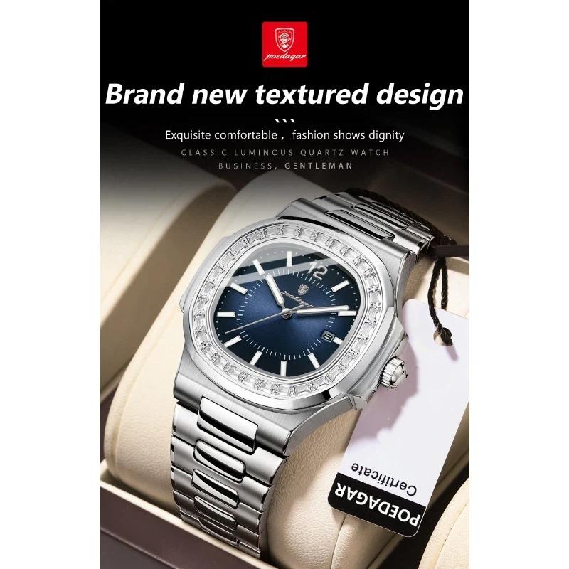 POEDAGAR Luxury Man Quartz Watch Square Watch for Men Waterproof Luminous Date Stainless Steel Watches Sports Clock reloj
