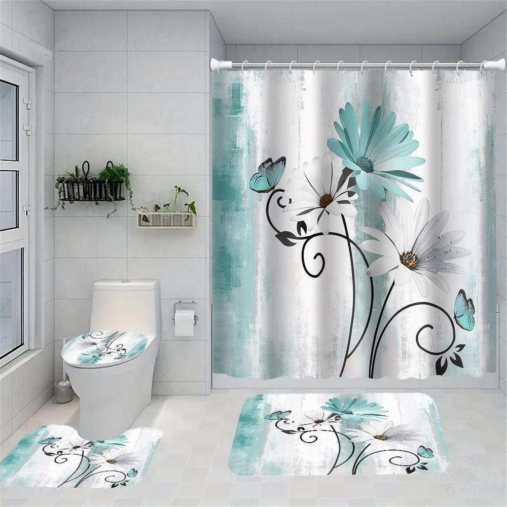 

1/4 Marble Veining Shower Curtains, Toilet Seat Decoration, Shower Curtain With Carpet And Toilet Lid, 70.8X70.8 Inch W60H190(CM)-1 Pcs